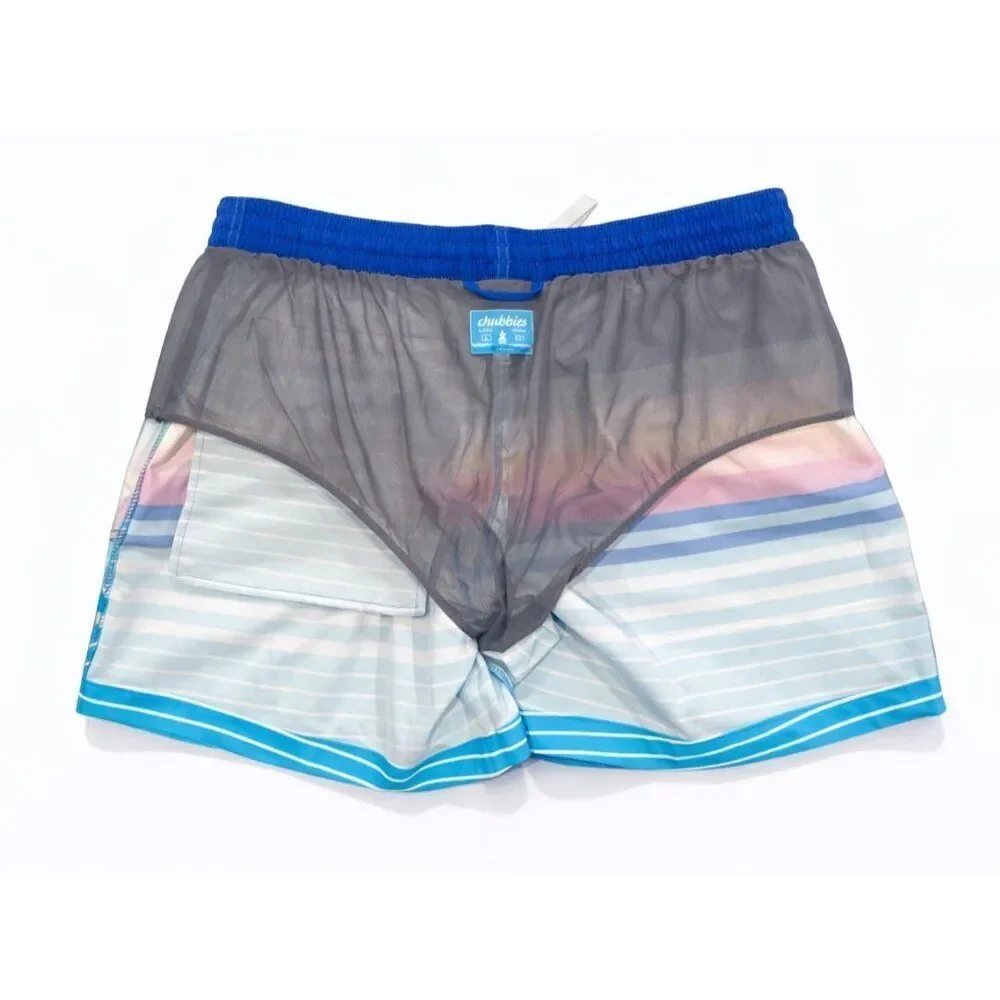 Chubbies Classic Swim Trunks Men’s Large Newports Stripe Blue Pink Yellow Board